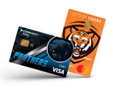 a close-up of two credit cards, one is blue with the word panthers on it and the other is orange with a tiger on it